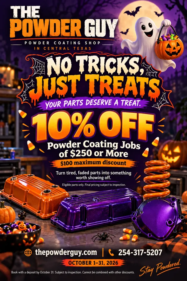 October special flyer: 10 percent off powder coating jobs of 250 dollars or more